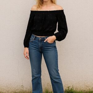 Off Shoulder Black Cherry Print Smocked Top S Whimsical Romantic Y2K Whimsigoth